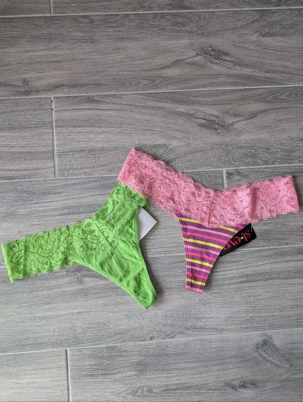NWT St Eve Pair of x2 Cotton Lace Green Pink Striped Thongs MEDIUM